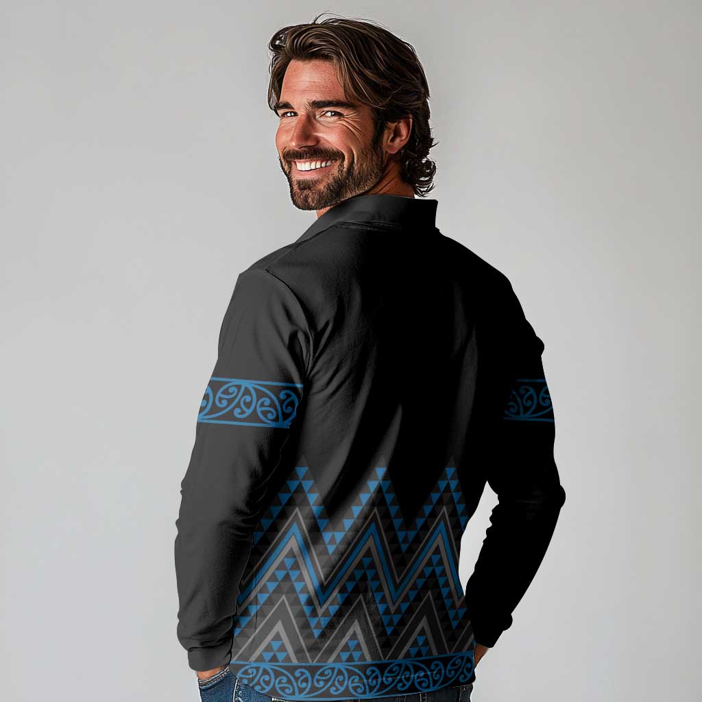 Blue Aotearoa Mangopare Kowhaiwhai and Niho Taniwha Long Sleeve Polo Shirt Maori New Zealand LT14 - Polynesian Pride