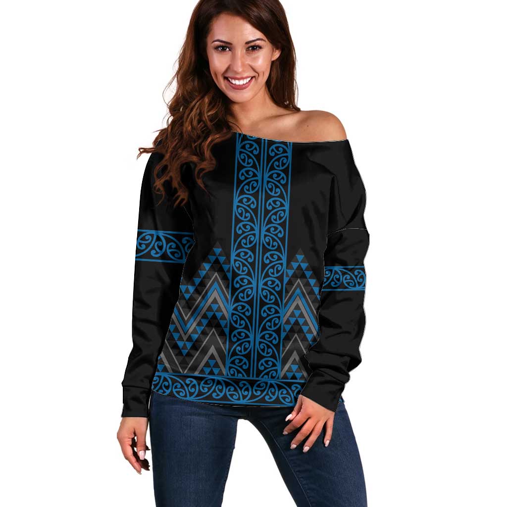 Blue Aotearoa Mangopare Kowhaiwhai and Niho Taniwha Off Shoulder Sweater Maori New Zealand LT14 Women Blue - Polynesian Pride