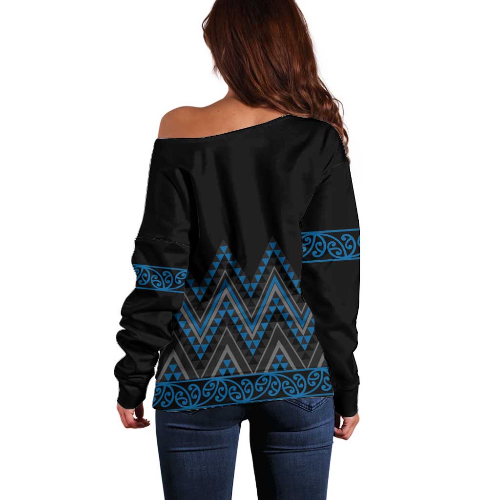 Blue Aotearoa Mangopare Kowhaiwhai and Niho Taniwha Off Shoulder Sweater Maori New Zealand LT14 - Polynesian Pride