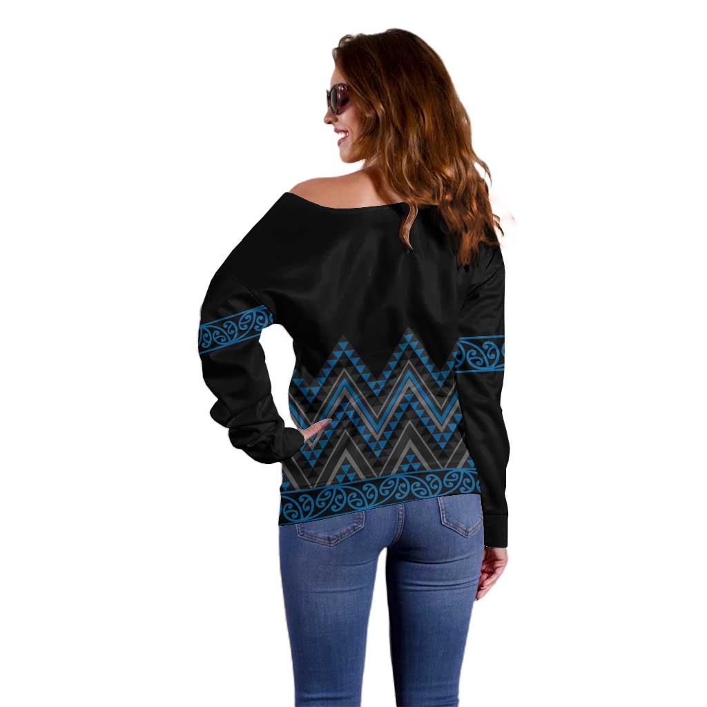 Blue Aotearoa Mangopare Kowhaiwhai and Niho Taniwha Off Shoulder Sweater Maori New Zealand LT14 - Polynesian Pride