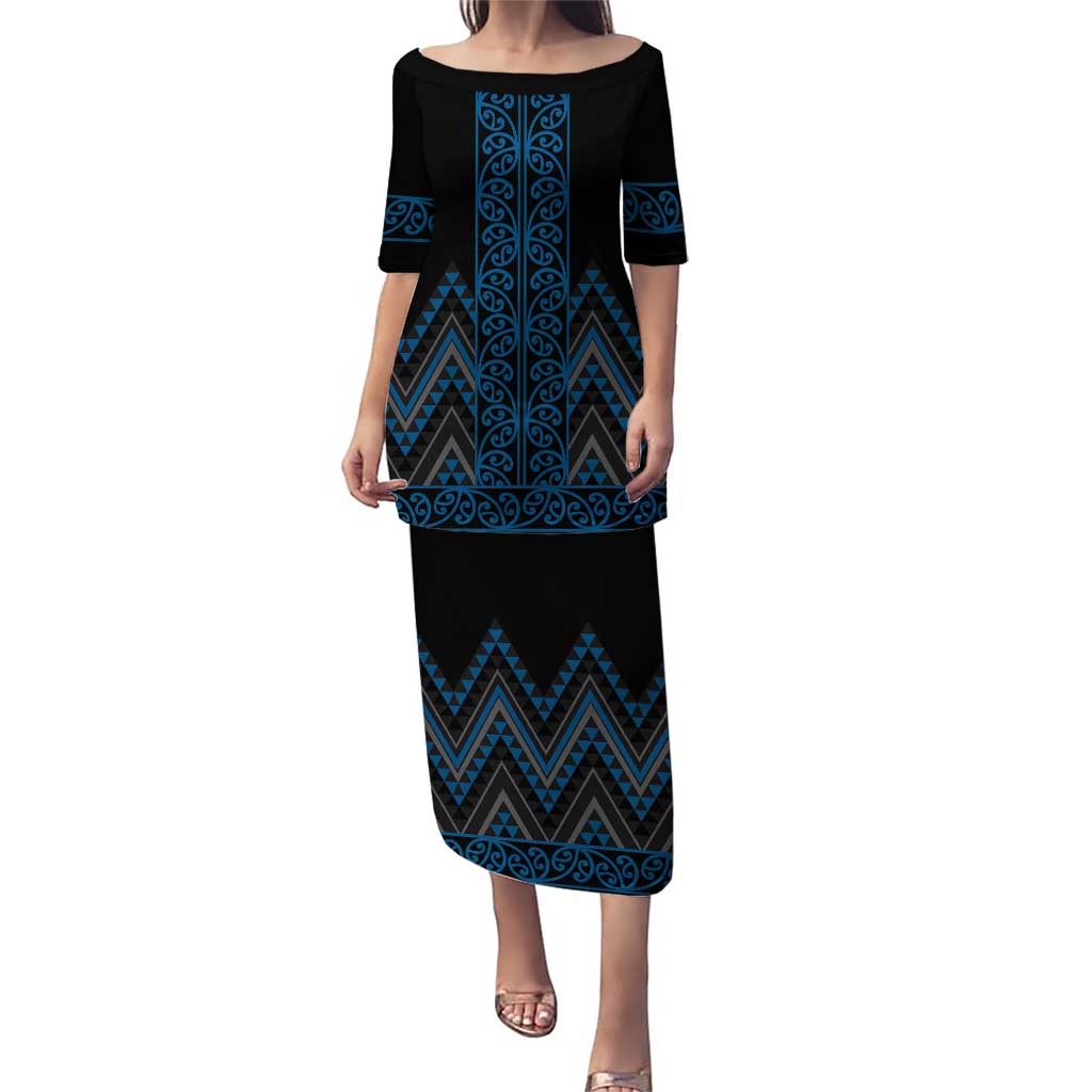 Blue Aotearoa Mangopare Kowhaiwhai and Niho Taniwha Puletasi Maori New Zealand LT14 Long Dress Blue - Polynesian Pride