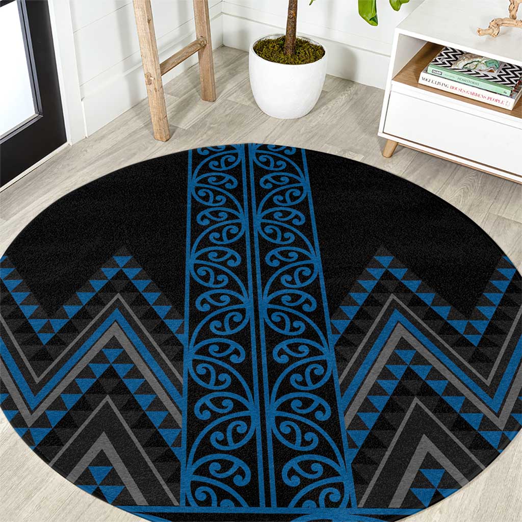 Blue Aotearoa Mangopare Kowhaiwhai and Niho Taniwha Round Carpet Maori New Zealand LT14 Blue - Polynesian Pride