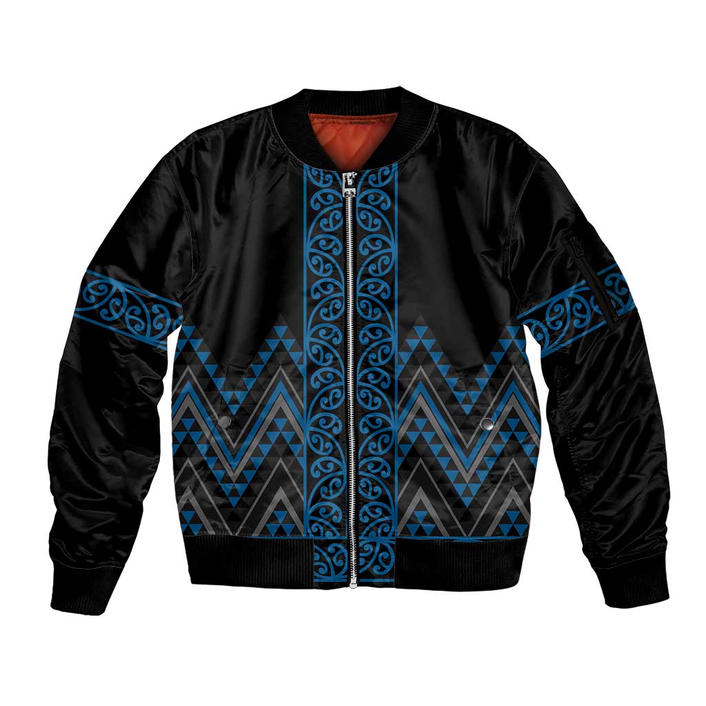Blue Aotearoa Mangopare Kowhaiwhai and Niho Taniwha Sleeve Zip Bomber Jacket Maori New Zealand LT14 Unisex Blue - Polynesian Pride