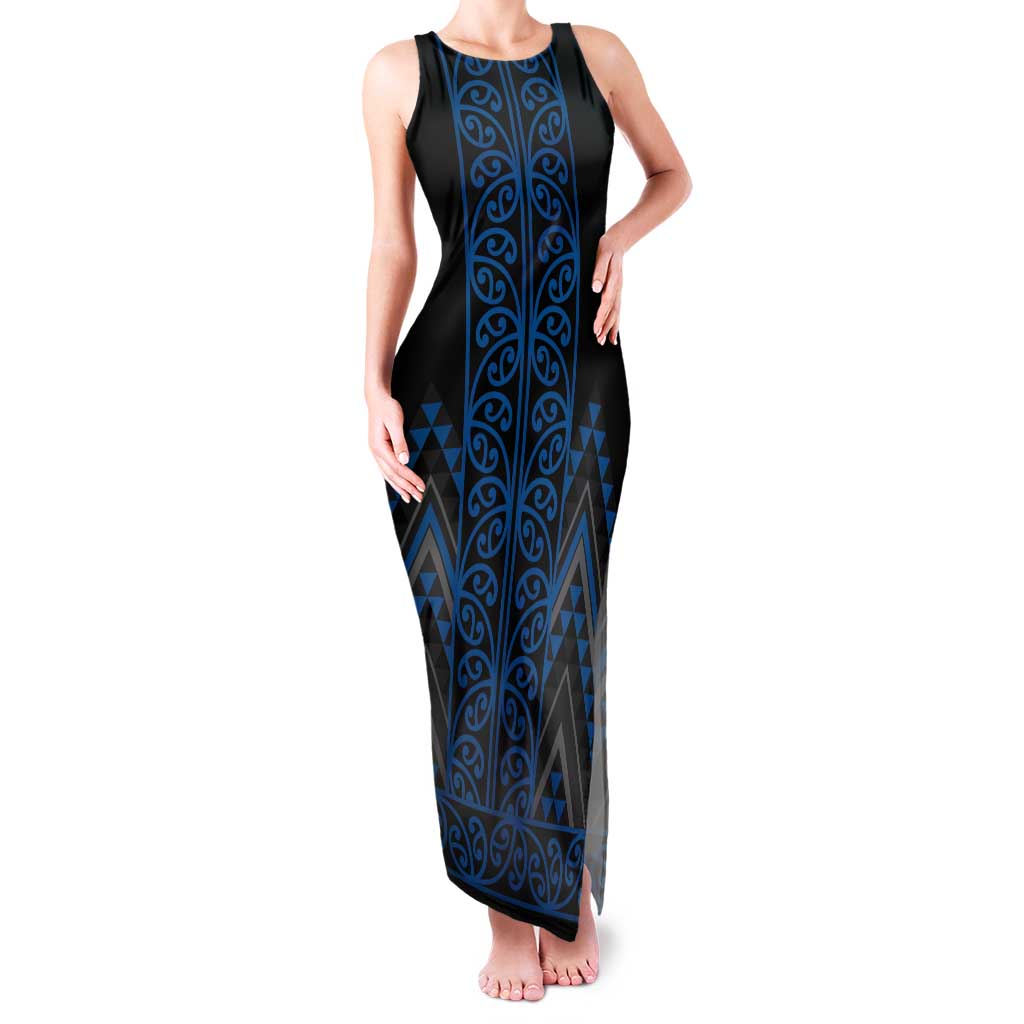 Blue Aotearoa Mangopare Kowhaiwhai and Niho Taniwha Tank Maxi Dress Maori New Zealand LT14 Women Blue - Polynesian Pride