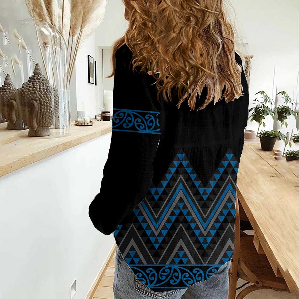 Blue Aotearoa Mangopare Kowhaiwhai and Niho Taniwha Women Casual Shirt Maori New Zealand