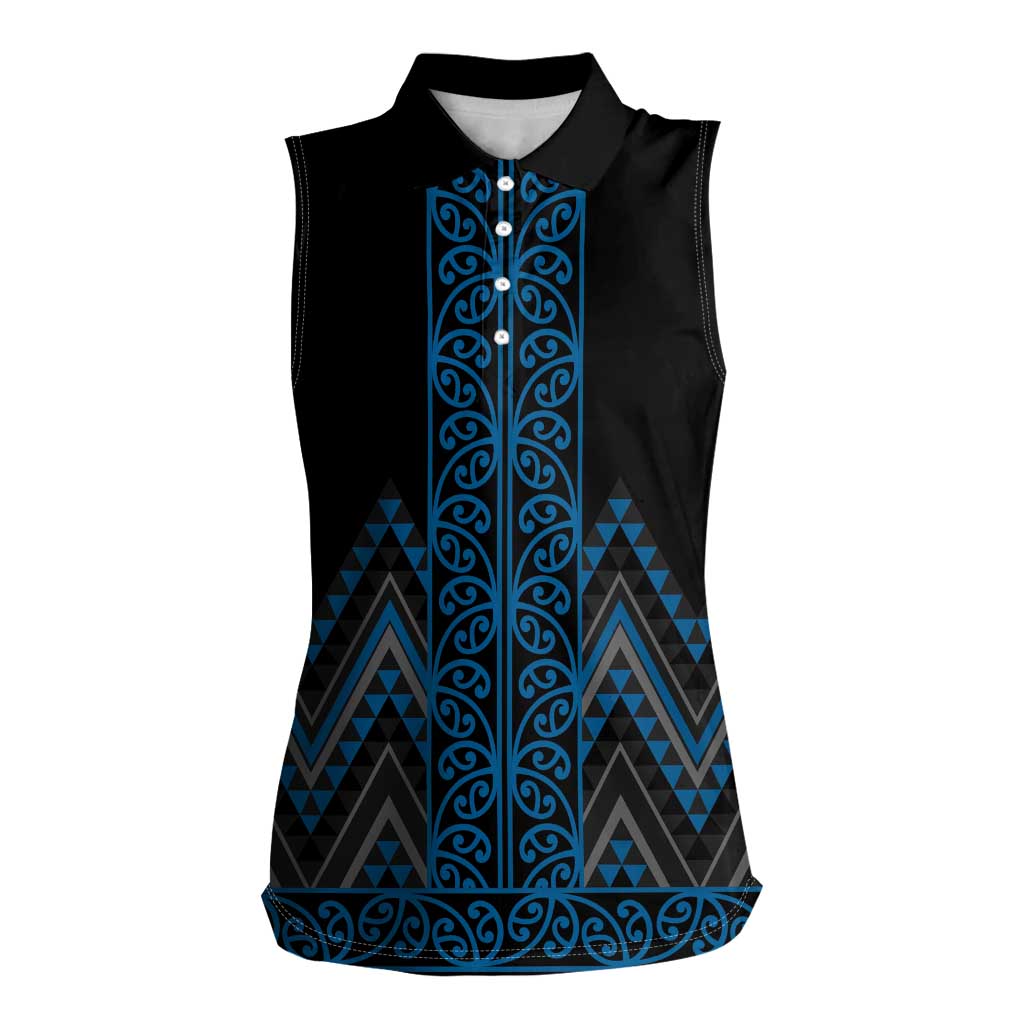 Blue Aotearoa Mangopare Kowhaiwhai and Niho Taniwha Women Sleeveless Polo Shirt Maori New Zealand LT14 Female Blue - Polynesian Pride