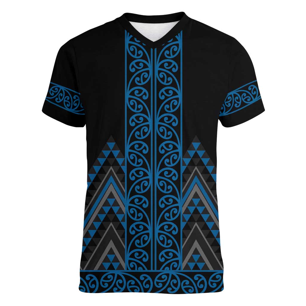 Blue Aotearoa Mangopare Kowhaiwhai and Niho Taniwha Women V-Neck T-Shirt Maori New Zealand LT14 Female Blue - Polynesian Pride