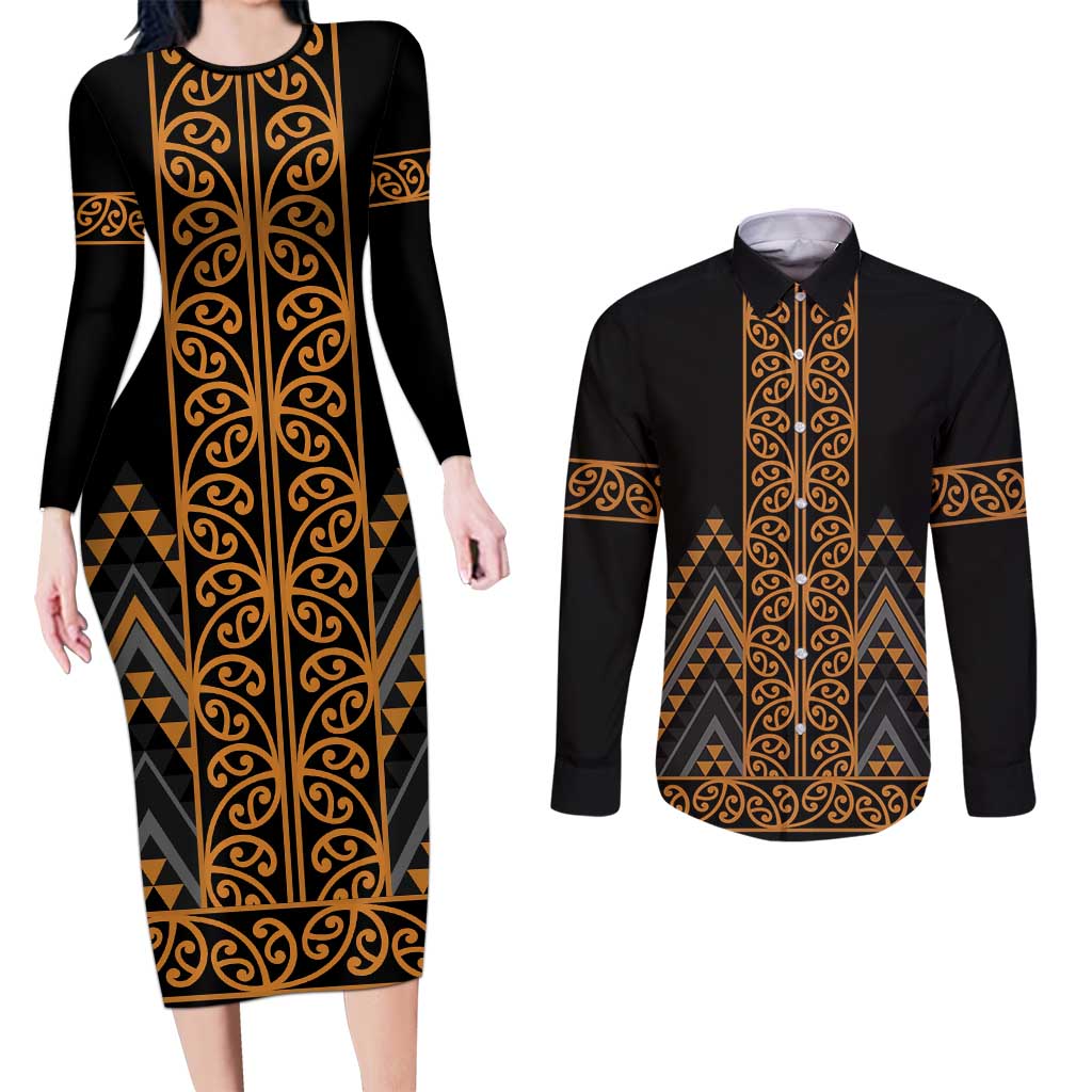 Gold Aotearoa Mangopare Kowhaiwhai and Niho Taniwha Couples Matching Long Sleeve Bodycon Dress and Long Sleeve Button Shirt Maori New Zealand LT14 Gold - Polynesian Pride