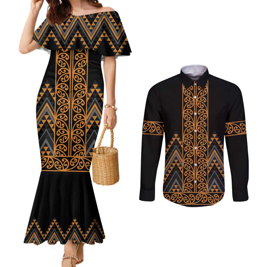 Gold Aotearoa Mangopare Kowhaiwhai and Niho Taniwha Couples Matching Mermaid Dress and Long Sleeve Button Shirt Maori New Zealand LT14 Gold - Polynesian Pride