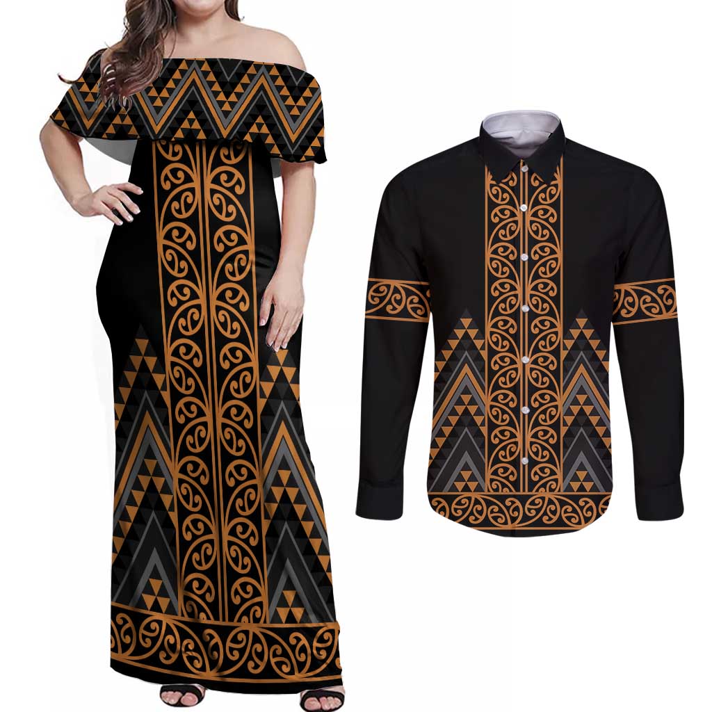 Gold Aotearoa Mangopare Kowhaiwhai and Niho Taniwha Couples Matching Off Shoulder Maxi Dress and Long Sleeve Button Shirt Maori New Zealand LT14 Gold - Polynesian Pride