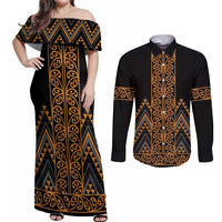 Gold Aotearoa Mangopare Kowhaiwhai and Niho Taniwha Couples Matching Off Shoulder Maxi Dress and Long Sleeve Button Shirt Maori New Zealand LT14 Gold - Polynesian Pride