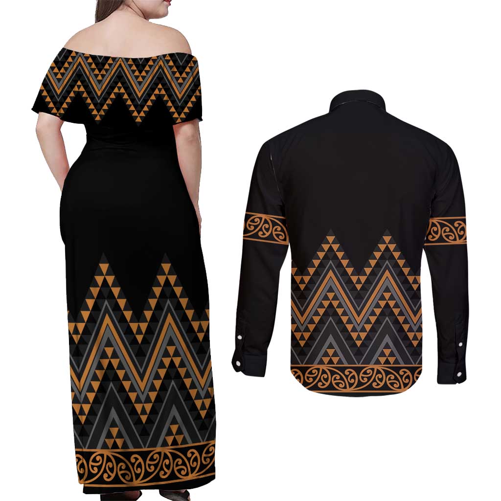 Gold Aotearoa Mangopare Kowhaiwhai and Niho Taniwha Couples Matching Off Shoulder Maxi Dress and Long Sleeve Button Shirt Maori New Zealand LT14 - Polynesian Pride