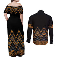 Gold Aotearoa Mangopare Kowhaiwhai and Niho Taniwha Couples Matching Off Shoulder Maxi Dress and Long Sleeve Button Shirt Maori New Zealand LT14 - Polynesian Pride