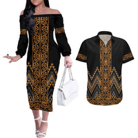 Gold Aotearoa Mangopare Kowhaiwhai and Niho Taniwha Couples Matching Off The Shoulder Long Sleeve Dress and Hawaiian Shirt Maori New Zealand LT14 Gold - Polynesian Pride