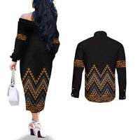 Gold Aotearoa Mangopare Kowhaiwhai and Niho Taniwha Couples Matching Off The Shoulder Long Sleeve Dress and Long Sleeve Button Shirt Maori New Zealand LT14 - Polynesian Pride