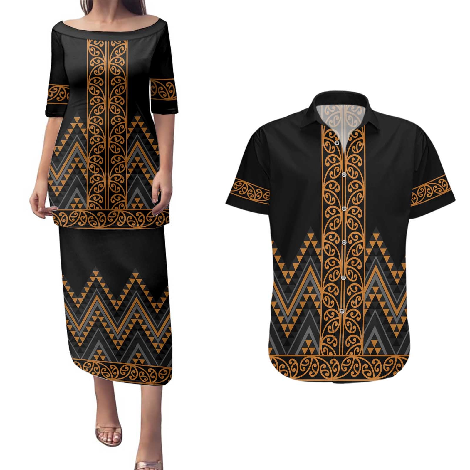 Gold Aotearoa Mangopare Kowhaiwhai and Niho Taniwha Couples Matching Puletasi and Hawaiian Shirt Maori New Zealand