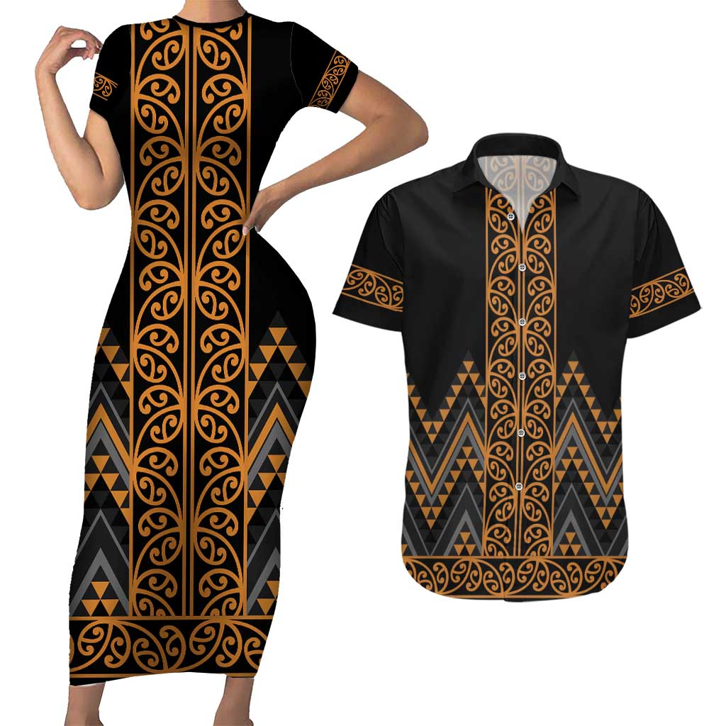 Gold Aotearoa Mangopare Kowhaiwhai and Niho Taniwha Couples Matching Short Sleeve Bodycon Dress and Hawaiian Shirt Maori New Zealand LT14 Gold - Polynesian Pride