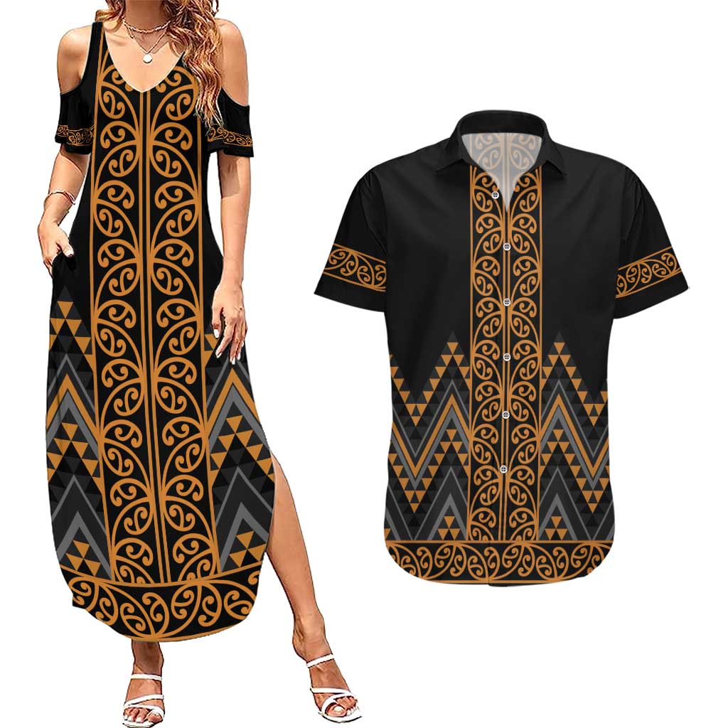 Gold Aotearoa Mangopare Kowhaiwhai and Niho Taniwha Couples Matching Summer Maxi Dress and Hawaiian Shirt Maori New Zealand LT14 Gold - Polynesian Pride