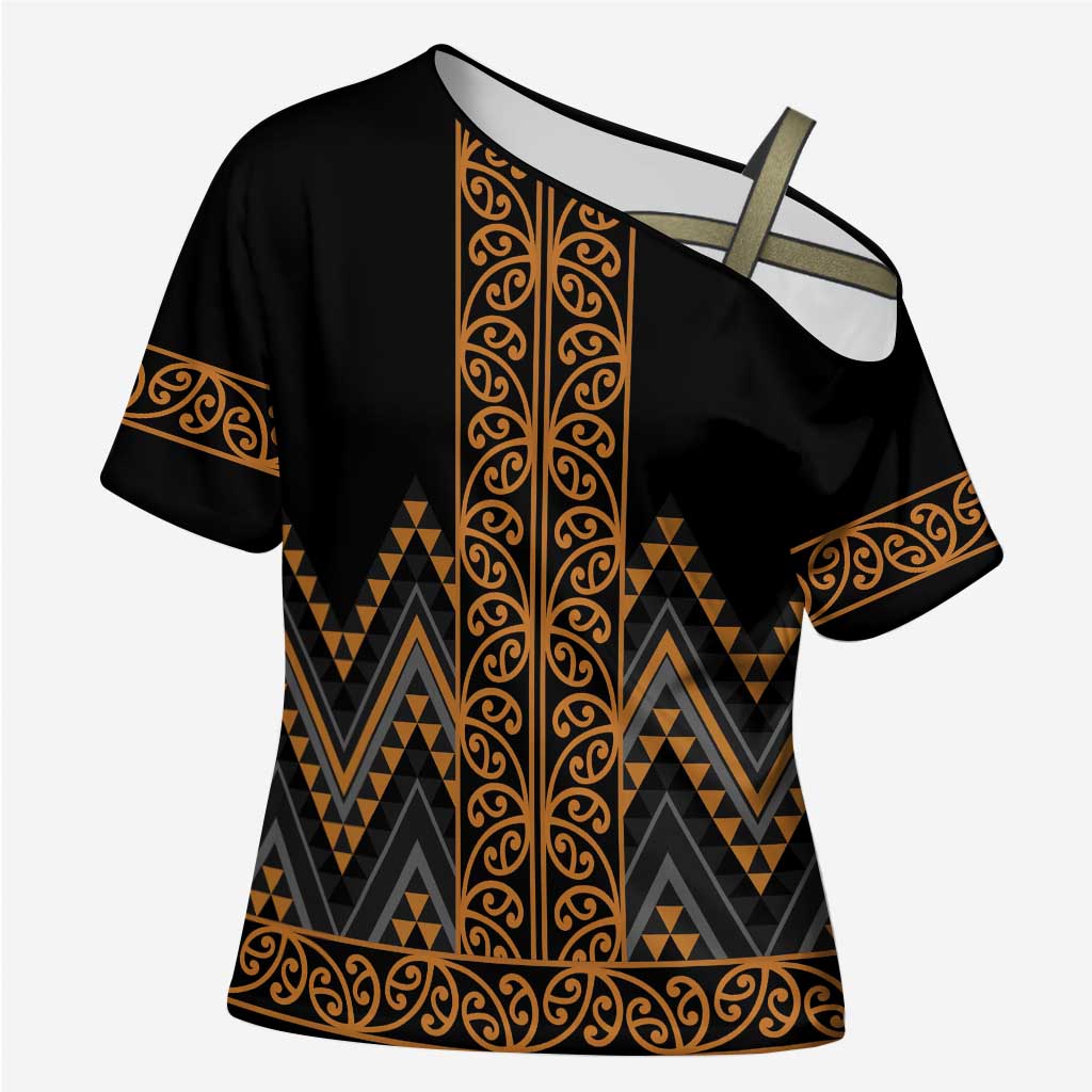Gold Aotearoa Mangopare Kowhaiwhai Niho Taniwha Cross Shoulder Shirt Maori New Zealand LT14 Female Gold - Polynesian Pride