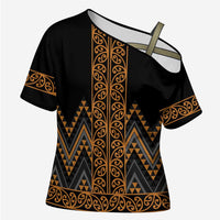 Gold Aotearoa Mangopare Kowhaiwhai Niho Taniwha Cross Shoulder Shirt Maori New Zealand LT14 Female Gold - Polynesian Pride