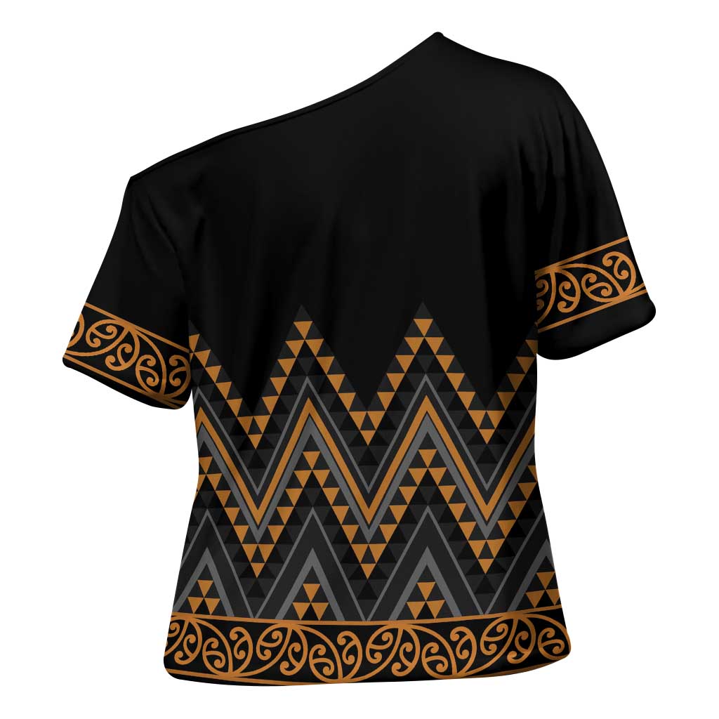 Gold Aotearoa Mangopare Kowhaiwhai Niho Taniwha Cross Shoulder Shirt Maori New Zealand LT14 - Polynesian Pride