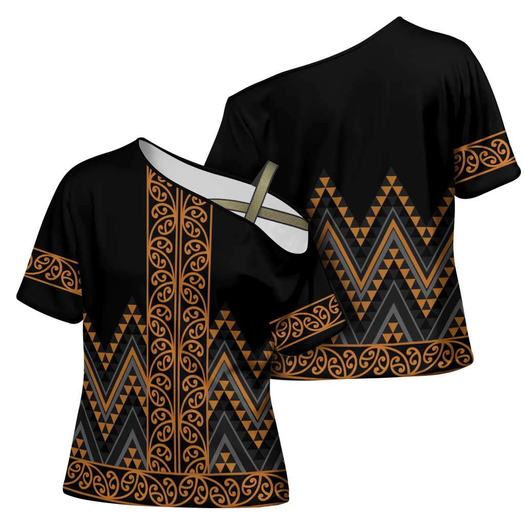 Gold Aotearoa Mangopare Kowhaiwhai Niho Taniwha Cross Shoulder Shirt Maori New Zealand LT14 - Polynesian Pride