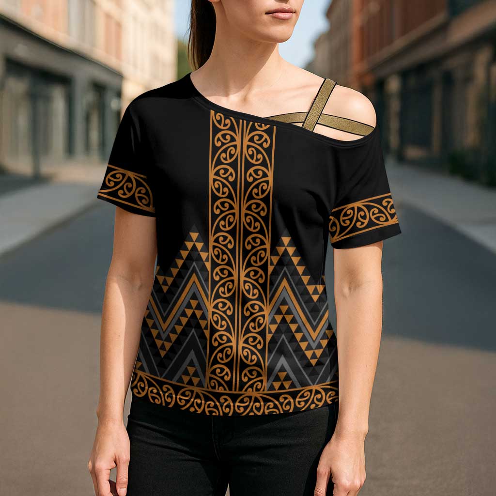 Gold Aotearoa Mangopare Kowhaiwhai Niho Taniwha Cross Shoulder Shirt Maori New Zealand LT14 - Polynesian Pride