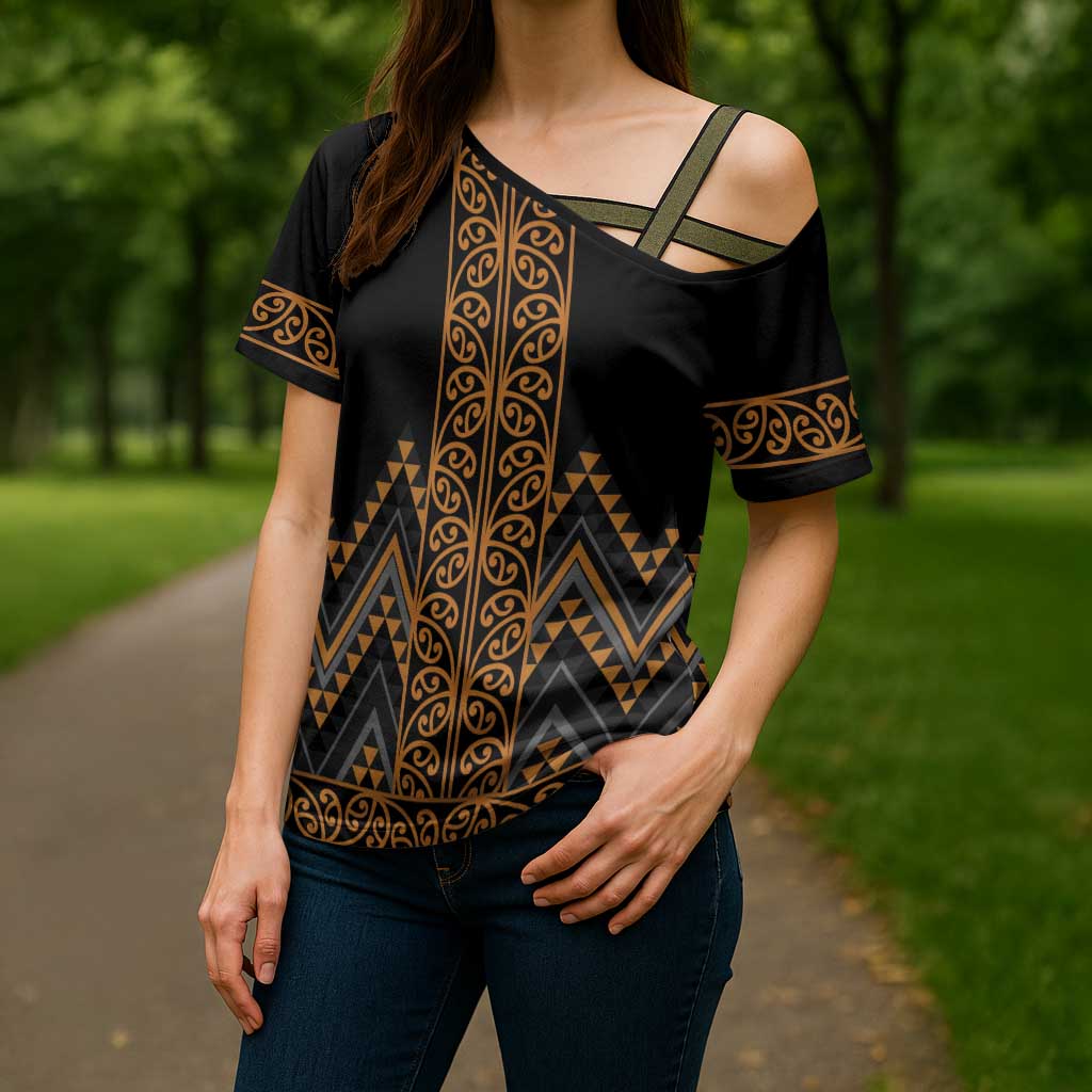 Gold Aotearoa Mangopare Kowhaiwhai Niho Taniwha Cross Shoulder Shirt Maori New Zealand LT14 - Polynesian Pride