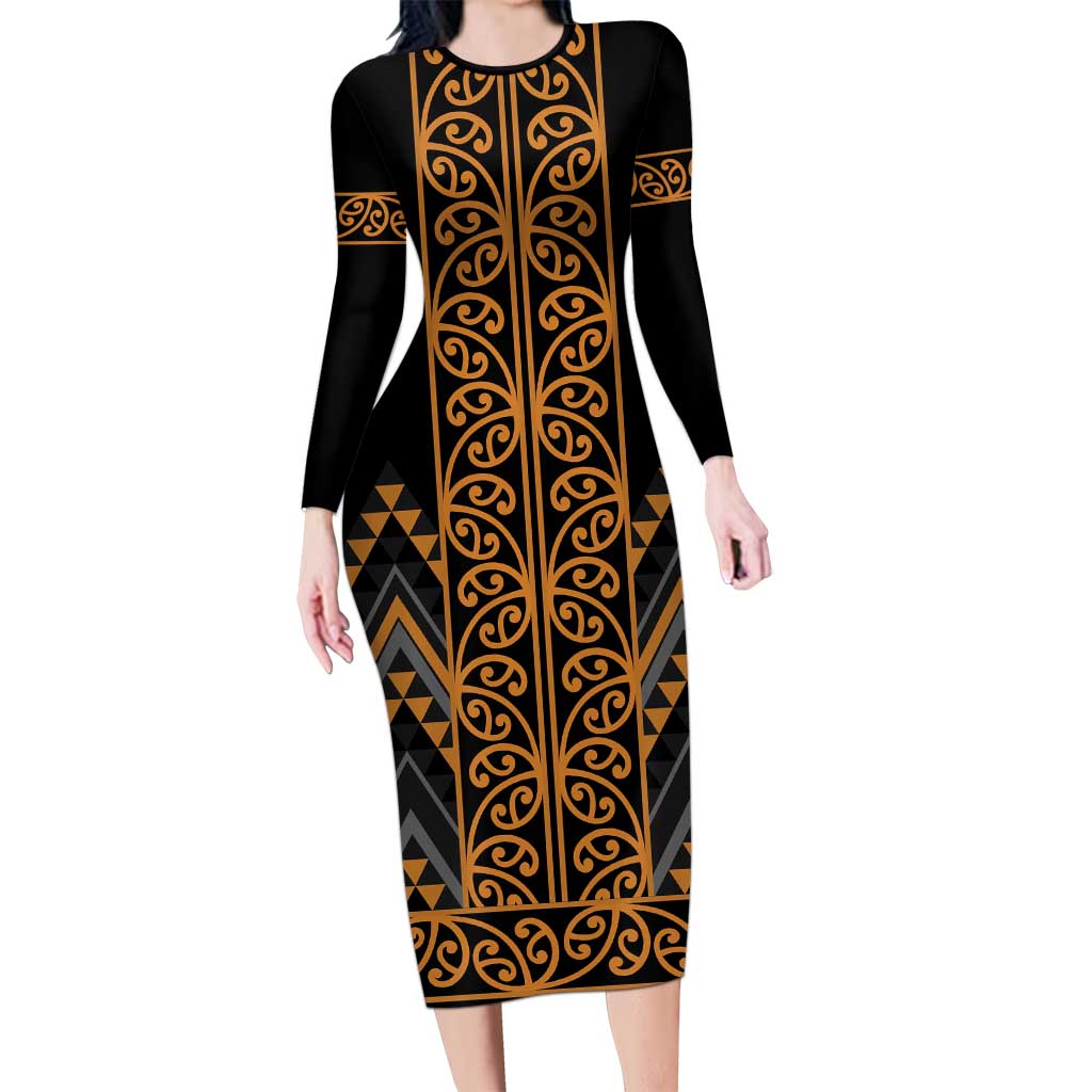 Gold Aotearoa Mangopare Kowhaiwhai and Niho Taniwha Family Matching Long Sleeve Bodycon Dress and Hawaiian Shirt Maori New Zealand LT14 Mom's Dress Gold - Polynesian Pride