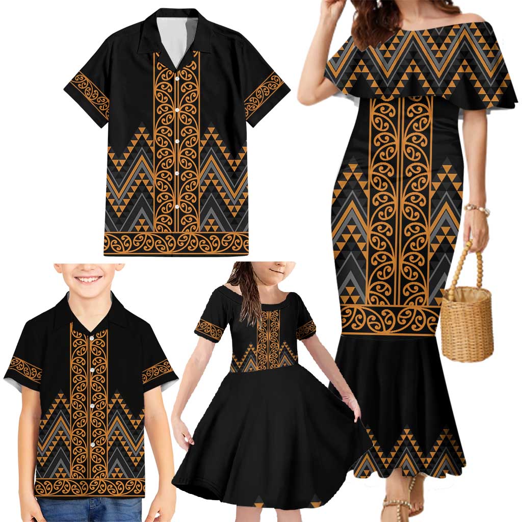 Gold Aotearoa Mangopare Kowhaiwhai and Niho Taniwha Family Matching Mermaid Dress and Hawaiian Shirt Maori New Zealand LT14 - Polynesian Pride