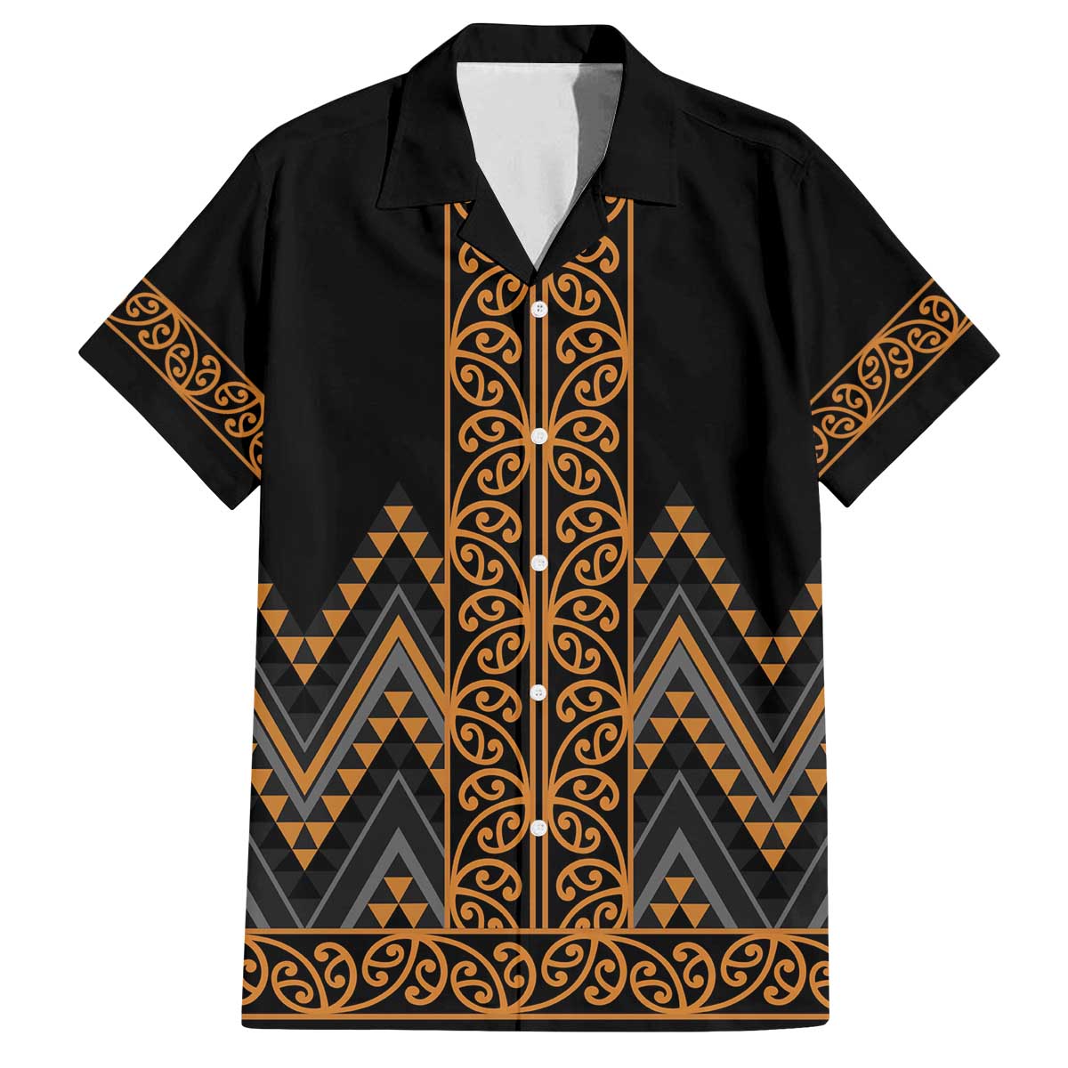 Gold Aotearoa Mangopare Kowhaiwhai and Niho Taniwha Family Matching Off The Shoulder Long Sleeve Dress and Hawaiian Shirt Maori New Zealand LT14 Dad's Shirt - Short Sleeve Gold - Polynesian Pride