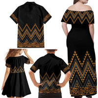 Gold Aotearoa Mangopare Kowhaiwhai and Niho Taniwha Family Matching Off Shoulder Maxi Dress and Hawaiian Shirt Maori New Zealand LT14 - Polynesian Pride