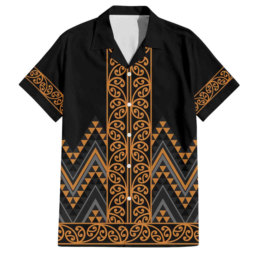 Gold Aotearoa Mangopare Kowhaiwhai and Niho Taniwha Family Matching Off Shoulder Maxi Dress and Hawaiian Shirt Maori New Zealand LT14 Dad's Shirt - Short Sleeve Gold - Polynesian Pride