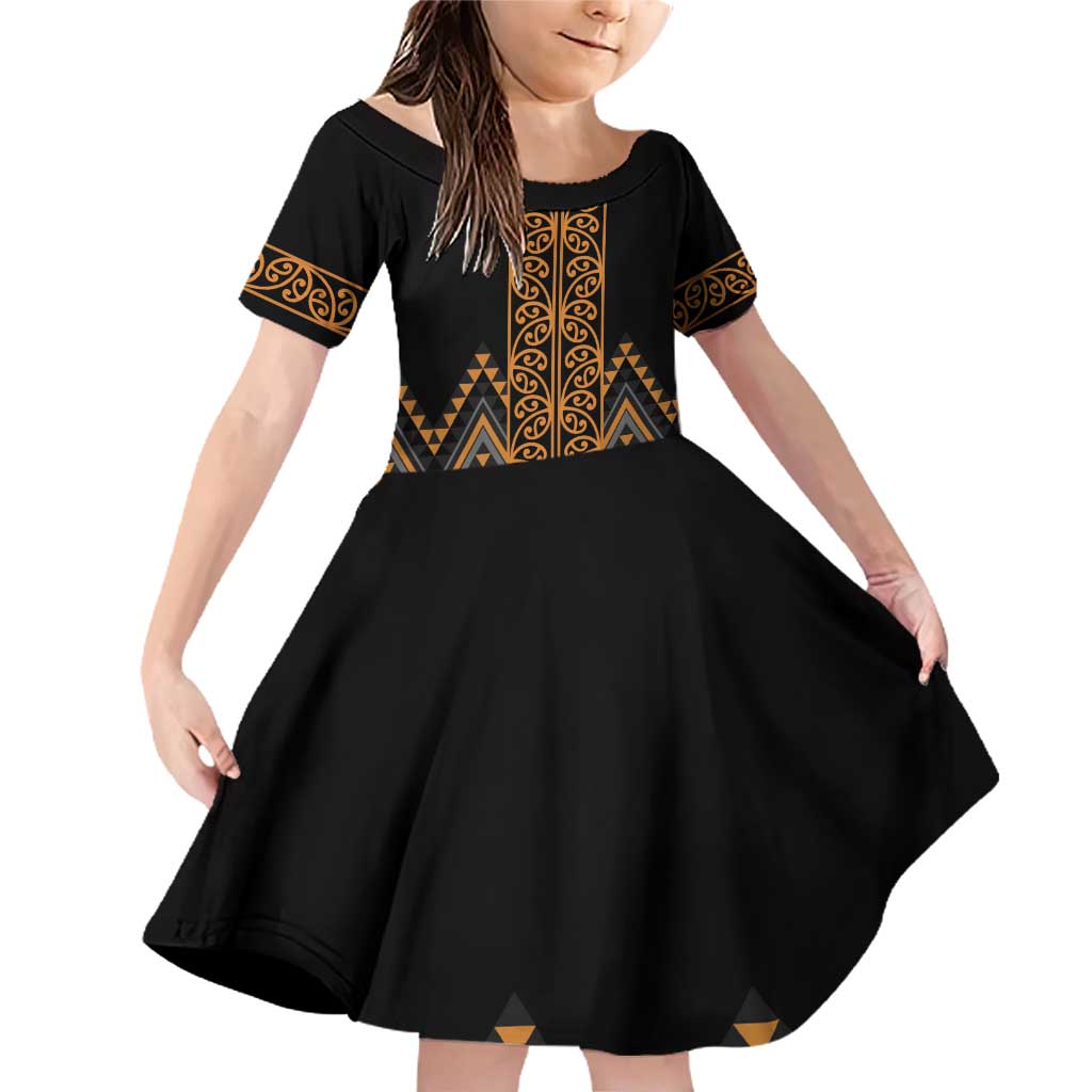 Gold Aotearoa Mangopare Kowhaiwhai and Niho Taniwha Family Matching Off Shoulder Short Dress and Hawaiian Shirt Maori New Zealand LT14 Daughter's Dress Gold - Polynesian Pride