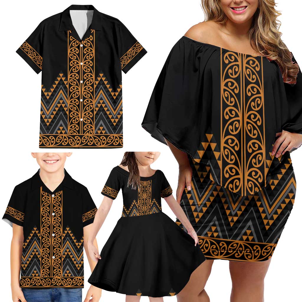 Gold Aotearoa Mangopare Kowhaiwhai and Niho Taniwha Family Matching Off Shoulder Short Dress and Hawaiian Shirt Maori New Zealand LT14 - Polynesian Pride