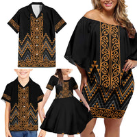Gold Aotearoa Mangopare Kowhaiwhai and Niho Taniwha Family Matching Off Shoulder Short Dress and Hawaiian Shirt Maori New Zealand LT14 - Polynesian Pride