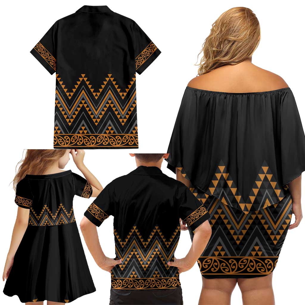 Gold Aotearoa Mangopare Kowhaiwhai and Niho Taniwha Family Matching Off Shoulder Short Dress and Hawaiian Shirt Maori New Zealand LT14 - Polynesian Pride