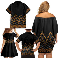 Gold Aotearoa Mangopare Kowhaiwhai and Niho Taniwha Family Matching Off Shoulder Short Dress and Hawaiian Shirt Maori New Zealand LT14 - Polynesian Pride