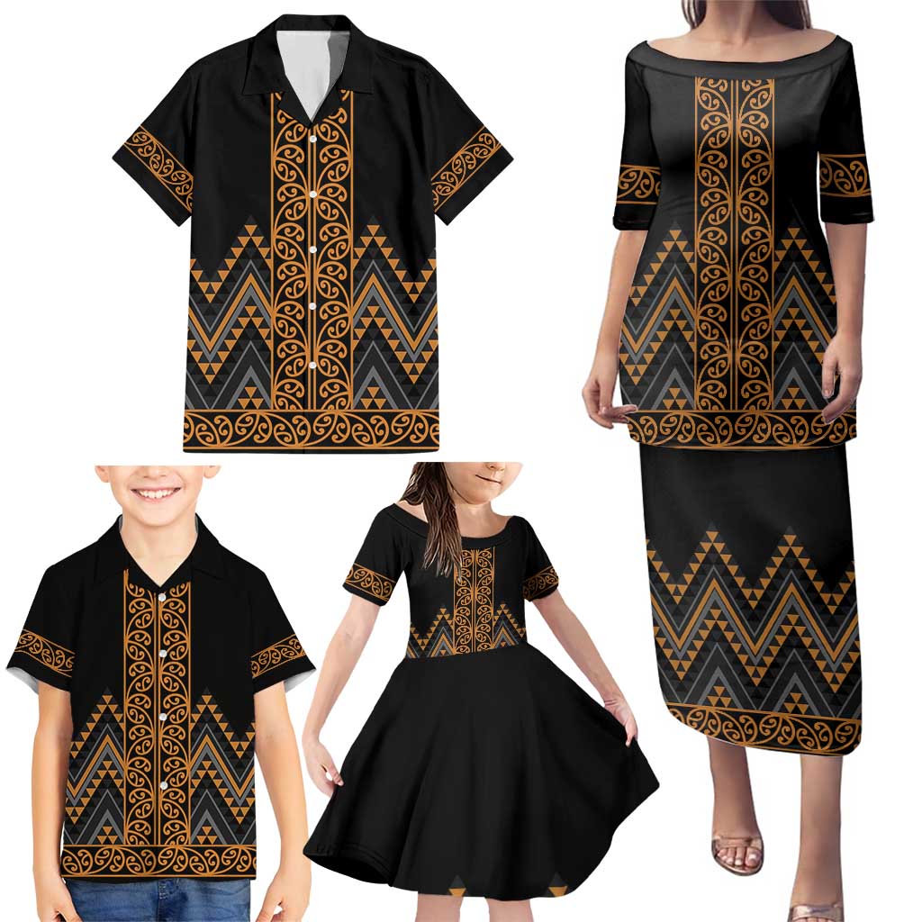 Gold Aotearoa Mangopare Kowhaiwhai and Niho Taniwha Family Matching Puletasi and Hawaiian Shirt Maori New Zealand LT14 - Polynesian Pride