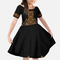Gold Aotearoa Mangopare Kowhaiwhai and Niho Taniwha Family Matching Short Sleeve Bodycon Dress and Hawaiian Shirt Maori New Zealand LT14 Daughter's Dress Gold - Polynesian Pride