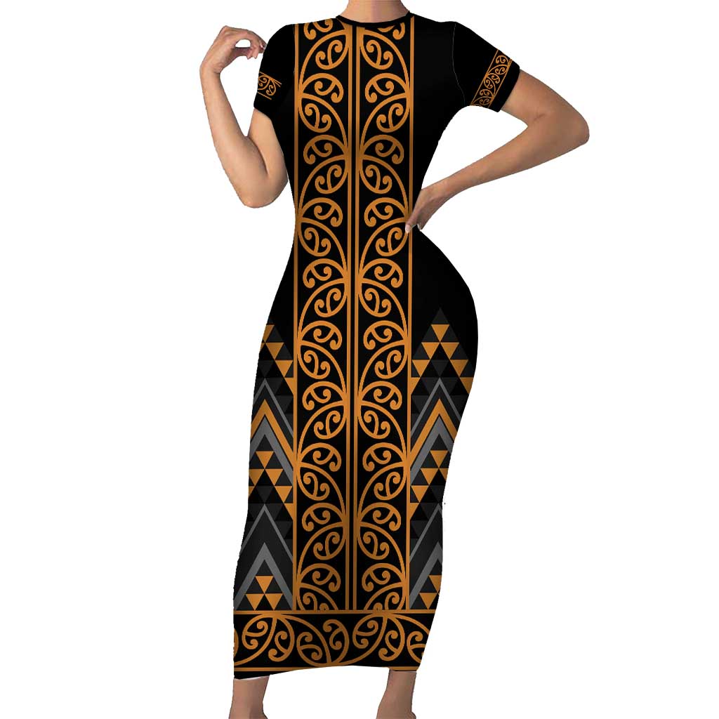 Gold Aotearoa Mangopare Kowhaiwhai and Niho Taniwha Family Matching Short Sleeve Bodycon Dress and Hawaiian Shirt Maori New Zealand LT14 Mom's Dress Gold - Polynesian Pride