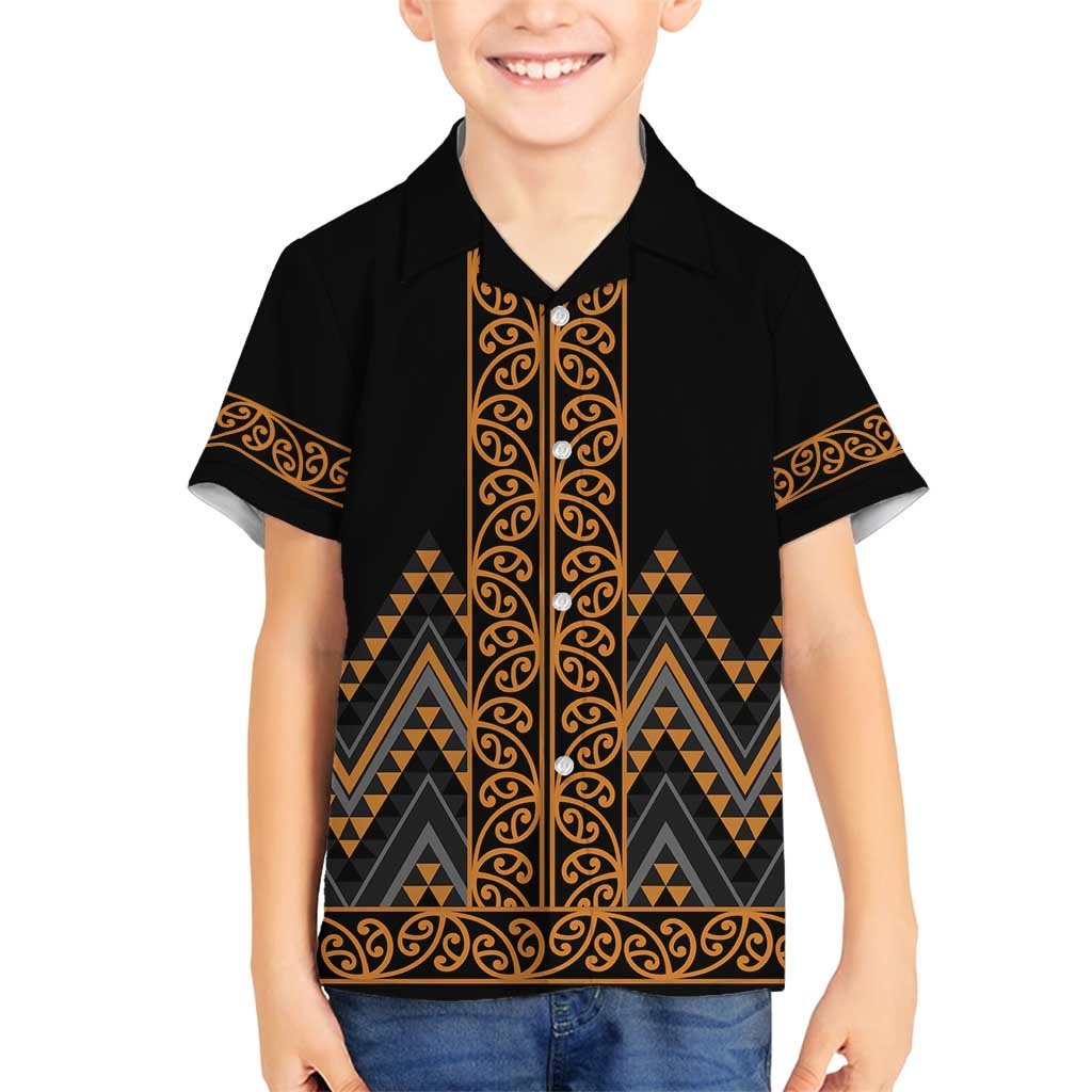 Gold Aotearoa Mangopare Kowhaiwhai and Niho Taniwha Family Matching Tank Maxi Dress and Hawaiian Shirt Maori New Zealand LT14 Son's Shirt Gold - Polynesian Pride