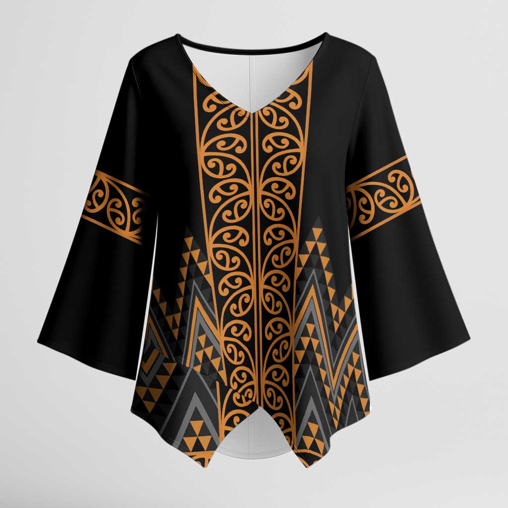 Gold Aotearoa Mangopare Kowhaiwhai Niho Taniwha Kimono Sleeve Blouse Maori New Zealand LT14 Female Gold - Polynesian Pride