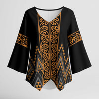 Gold Aotearoa Mangopare Kowhaiwhai Niho Taniwha Kimono Sleeve Blouse Maori New Zealand LT14 Female Gold - Polynesian Pride