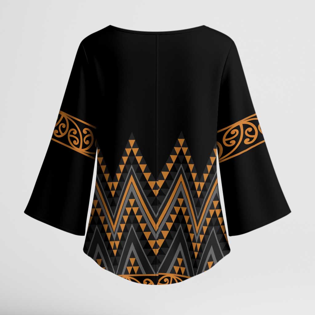 Gold Aotearoa Mangopare Kowhaiwhai Niho Taniwha Kimono Sleeve Blouse Maori New Zealand LT14 - Polynesian Pride