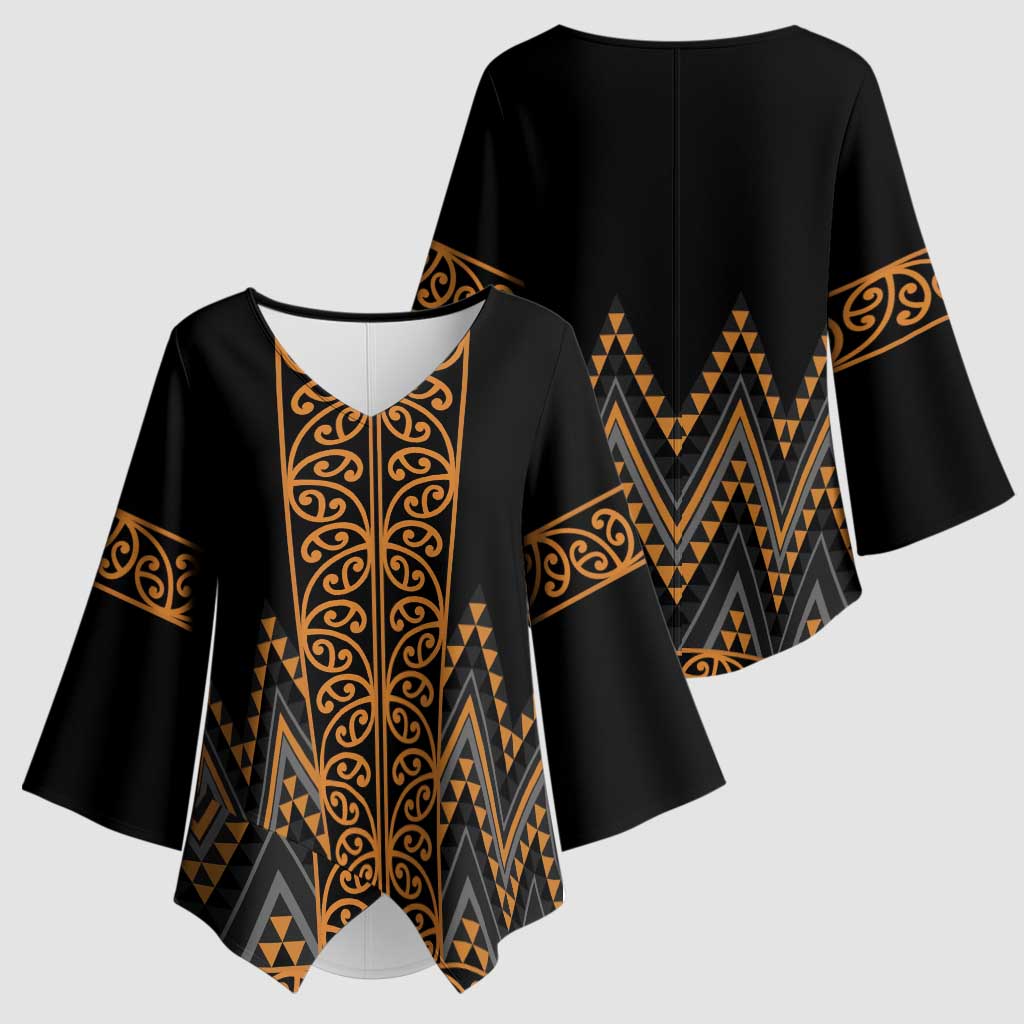 Gold Aotearoa Mangopare Kowhaiwhai Niho Taniwha Kimono Sleeve Blouse Maori New Zealand LT14 - Polynesian Pride