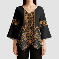 Gold Aotearoa Mangopare Kowhaiwhai Niho Taniwha Kimono Sleeve Blouse Maori New Zealand LT14 - Polynesian Pride