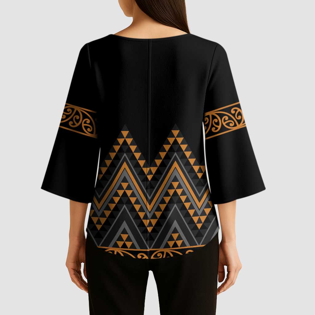 Gold Aotearoa Mangopare Kowhaiwhai Niho Taniwha Kimono Sleeve Blouse Maori New Zealand LT14 - Polynesian Pride