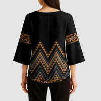 Gold Aotearoa Mangopare Kowhaiwhai Niho Taniwha Kimono Sleeve Blouse Maori New Zealand LT14 - Polynesian Pride
