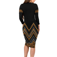 Gold Aotearoa Mangopare Kowhaiwhai and Niho Taniwha Long Sleeve Bodycon Dress Maori New Zealand LT14 - Polynesian Pride